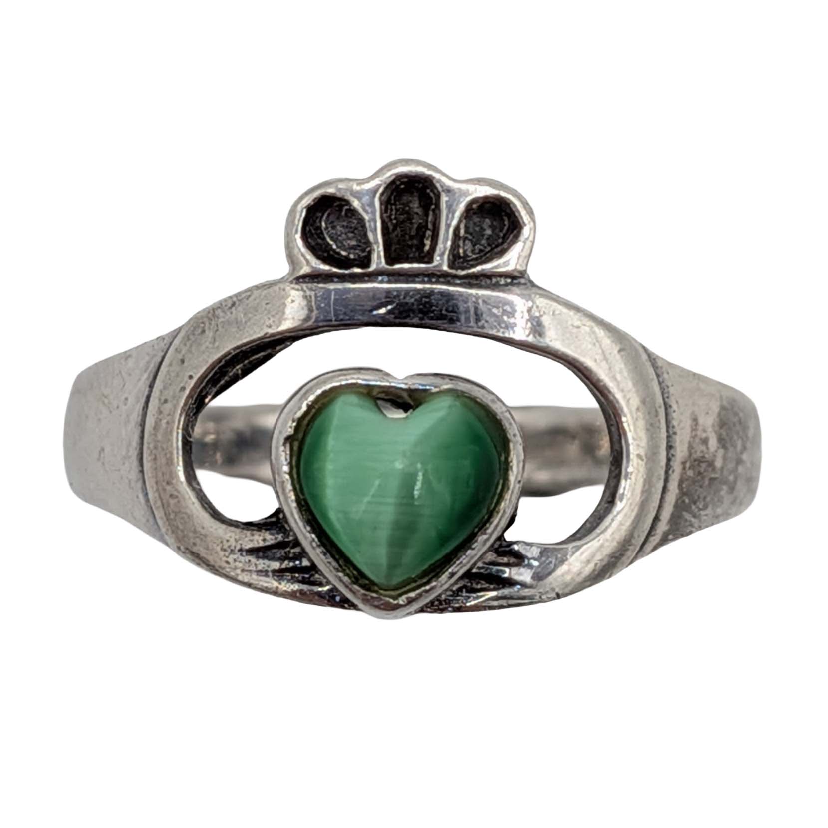 Signed Sterling Silver Green Heart Shape Gemstone Claddagh Ring Sz. 6