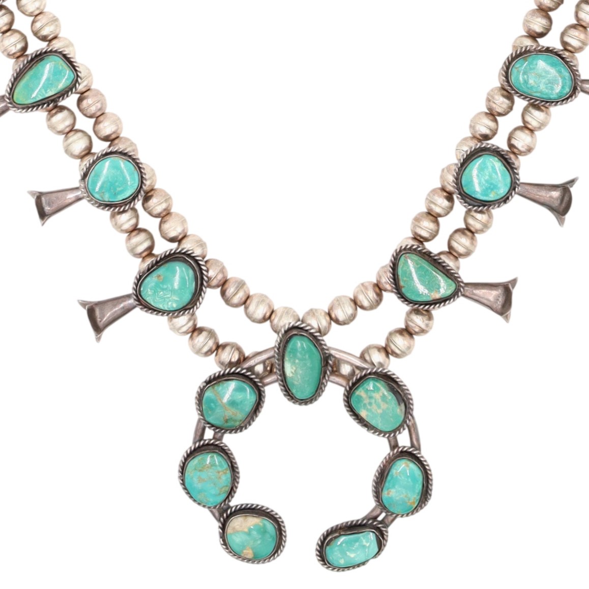Vintage Navajo Sterling Turquoise Squash Blossom Necklace