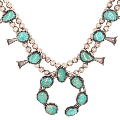 Vintage Navajo Sterling Turquoise Squash Blossom Necklace | Weight: 129g | Approximate Length: 26"