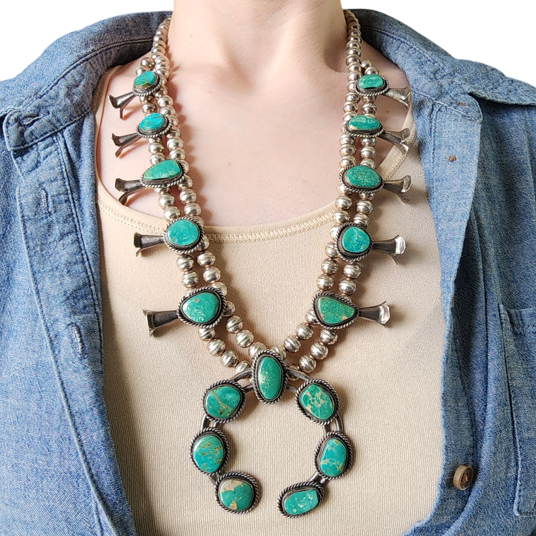 Vintage Navajo Sterling Turquoise Squash Blossom Necklace