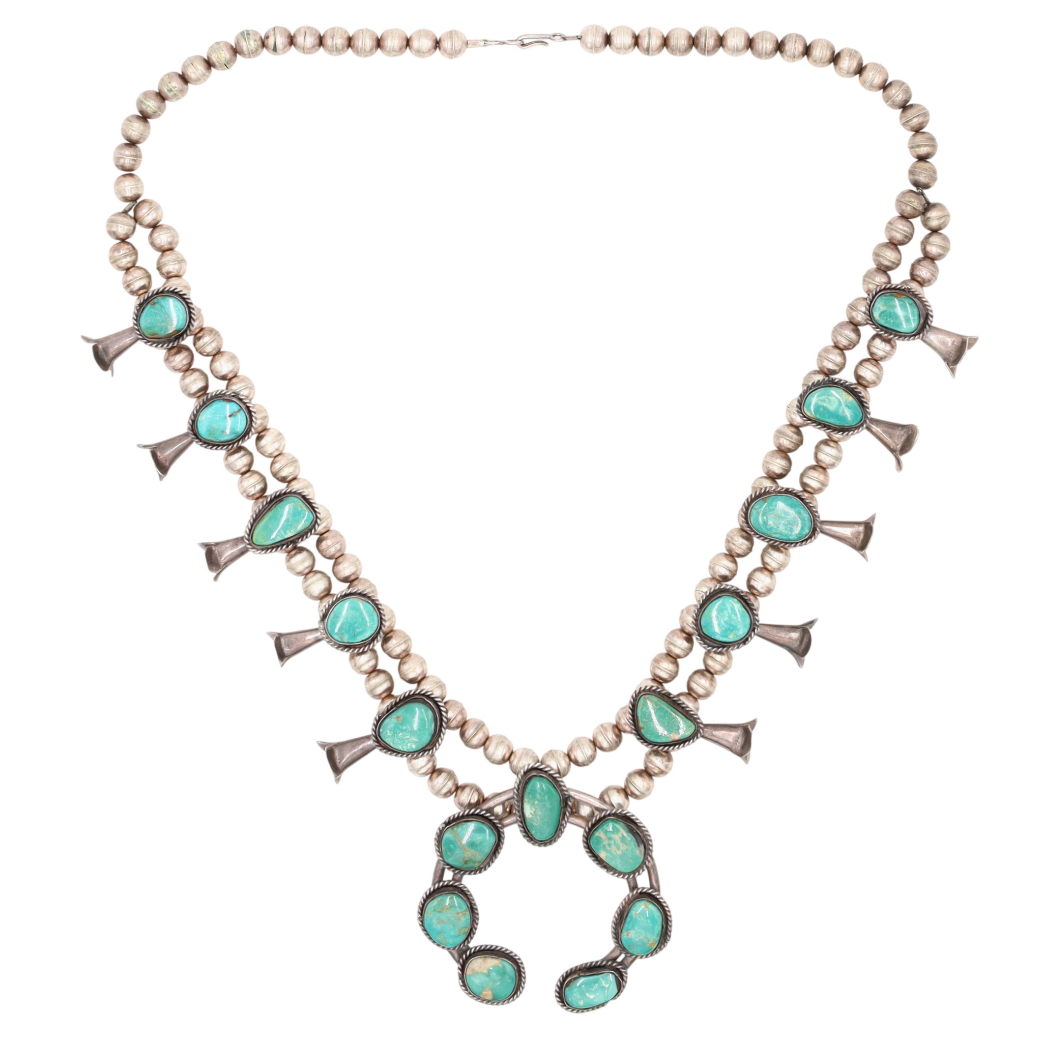 Vintage Navajo Sterling Turquoise Squash Blossom Necklace