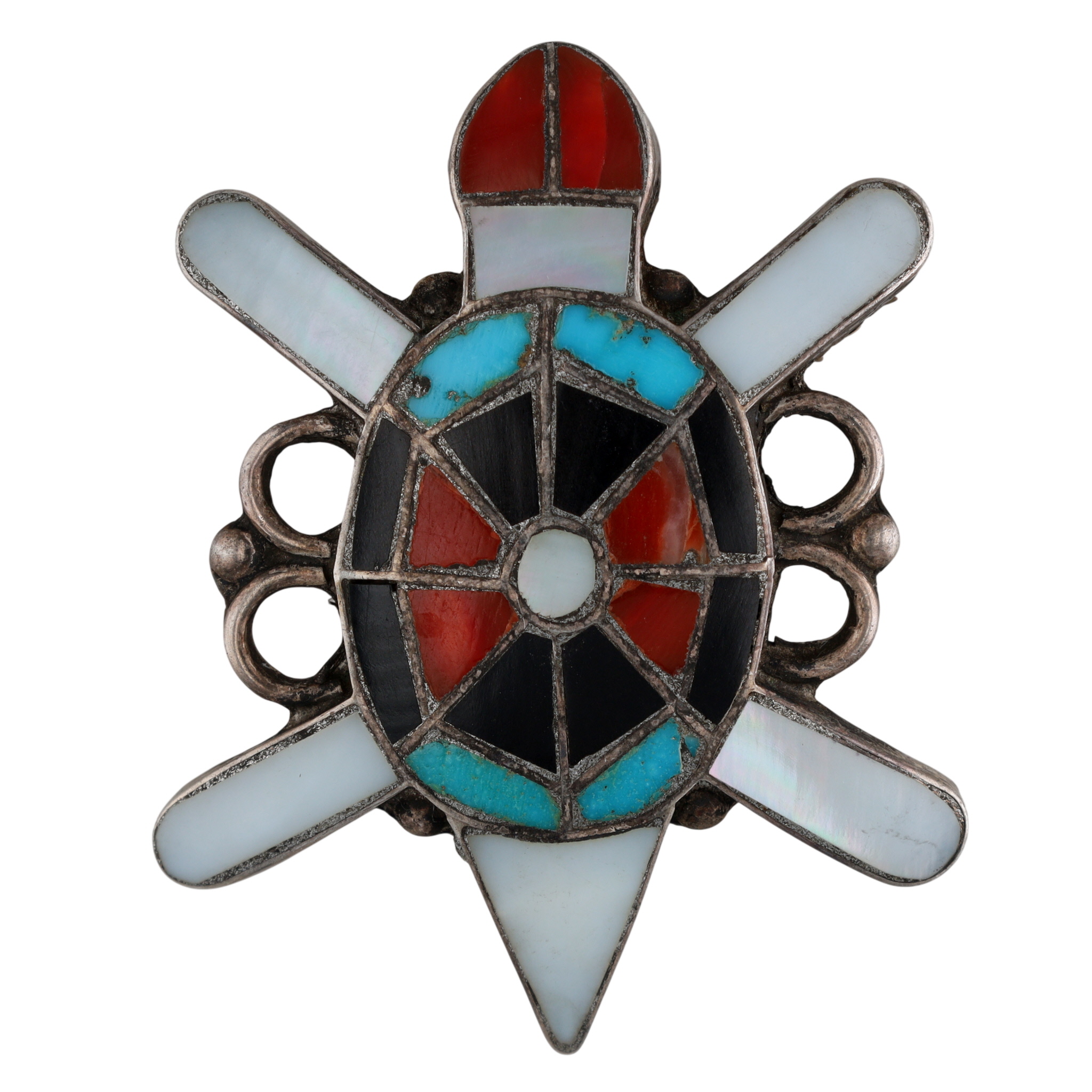 Vintage Zuni Sterling Multi-Stone Inlay Turtle Brooch