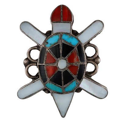 Vintage Zuni Sterling Multi-Stone Inlay Turtle Brooch | Weight: 8.8g | Approximately 1.7" x 