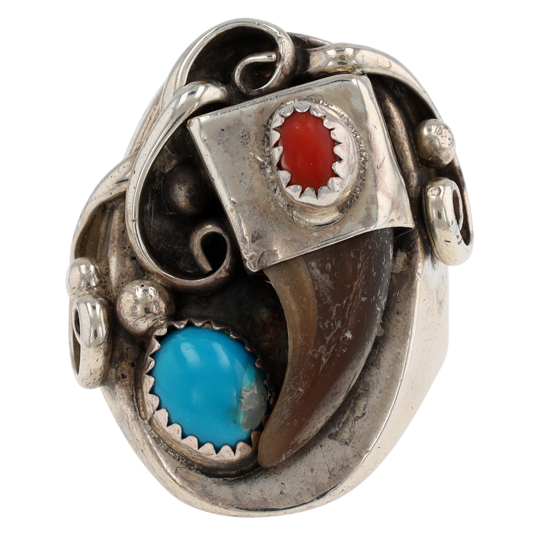 Vintage Navajo Sterling Turquoise Coral Claw Ring Sz 8.5