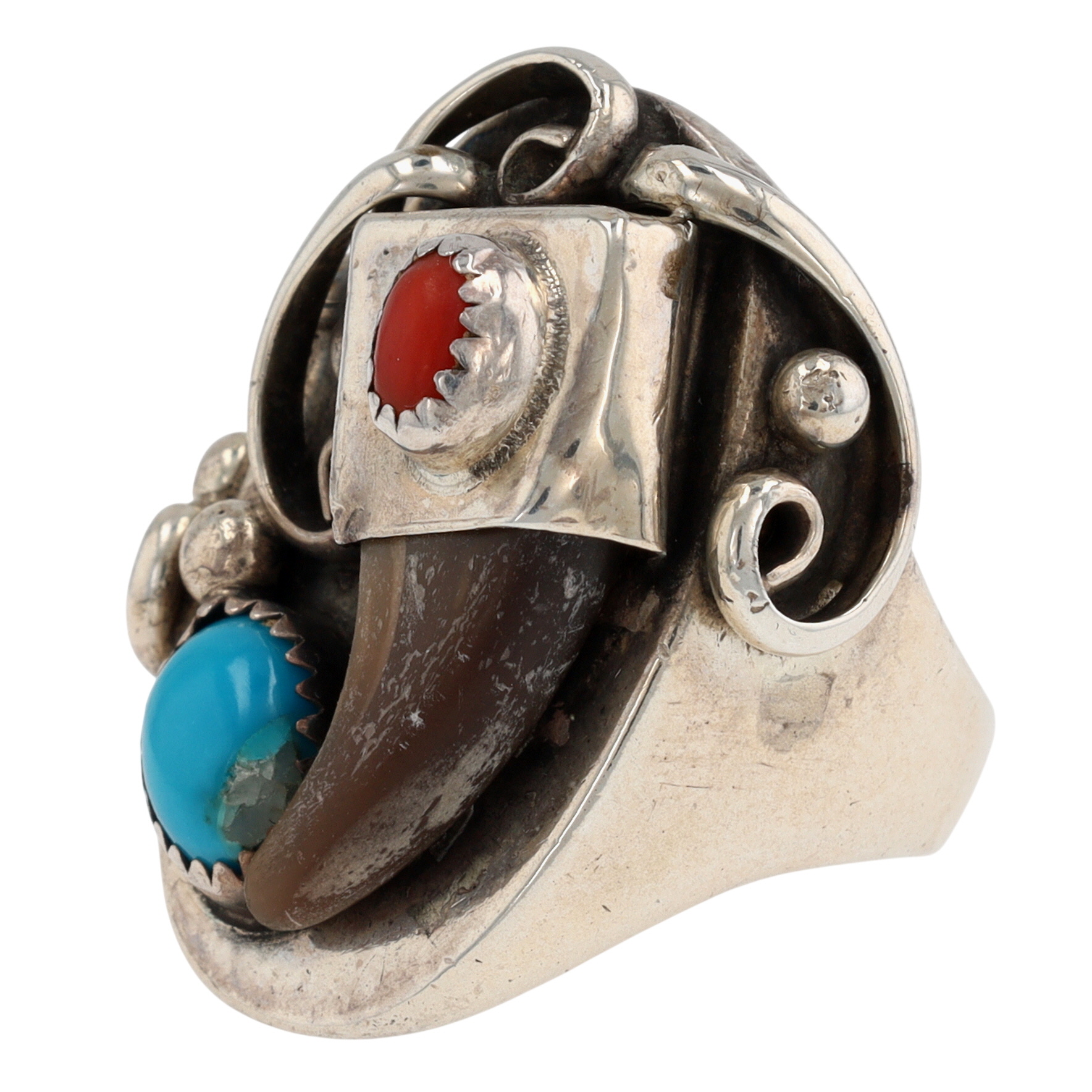 Vintage Navajo Sterling Turquoise Coral Claw Ring Sz 8.5