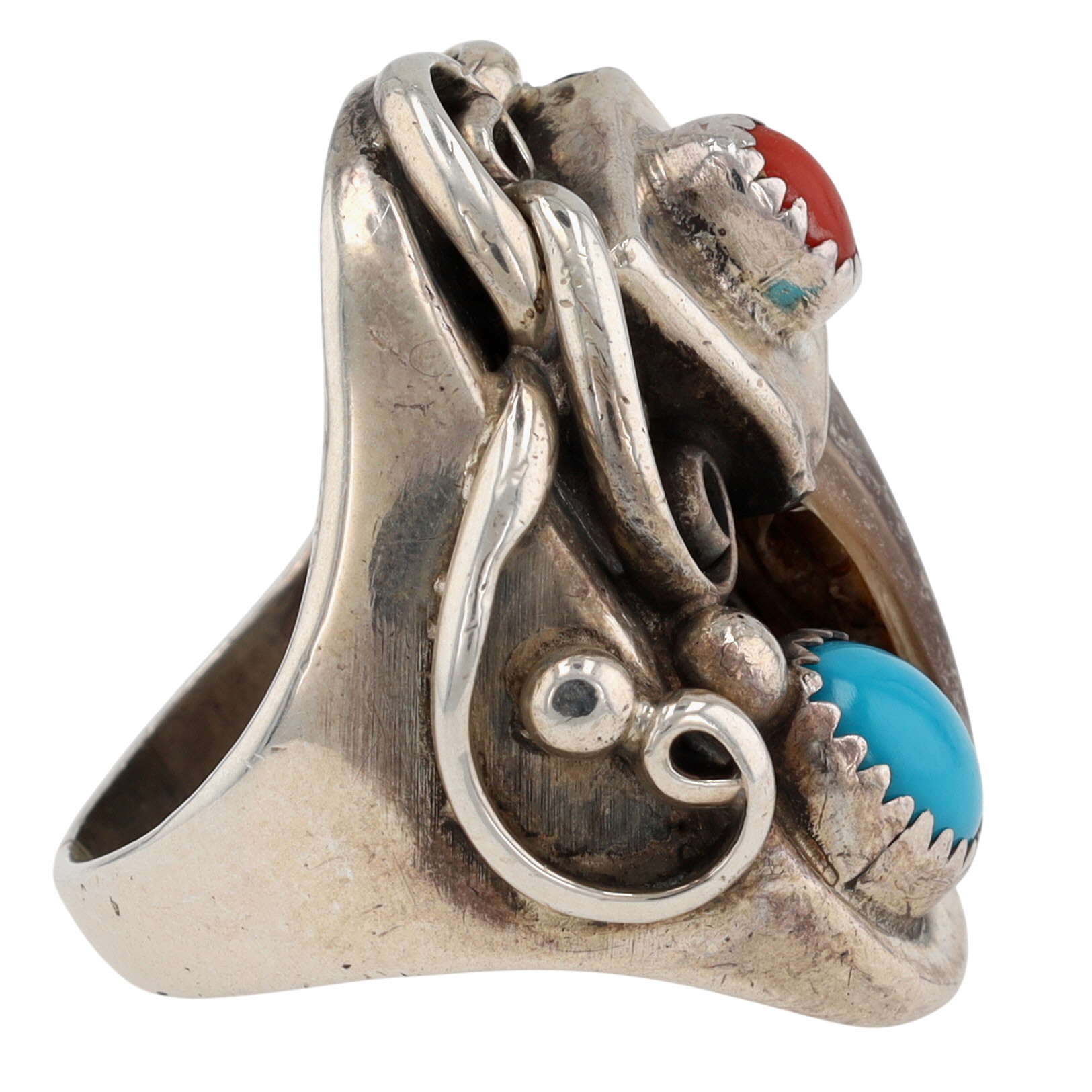 Vintage Navajo Sterling Turquoise Coral Claw Ring Sz 8.5