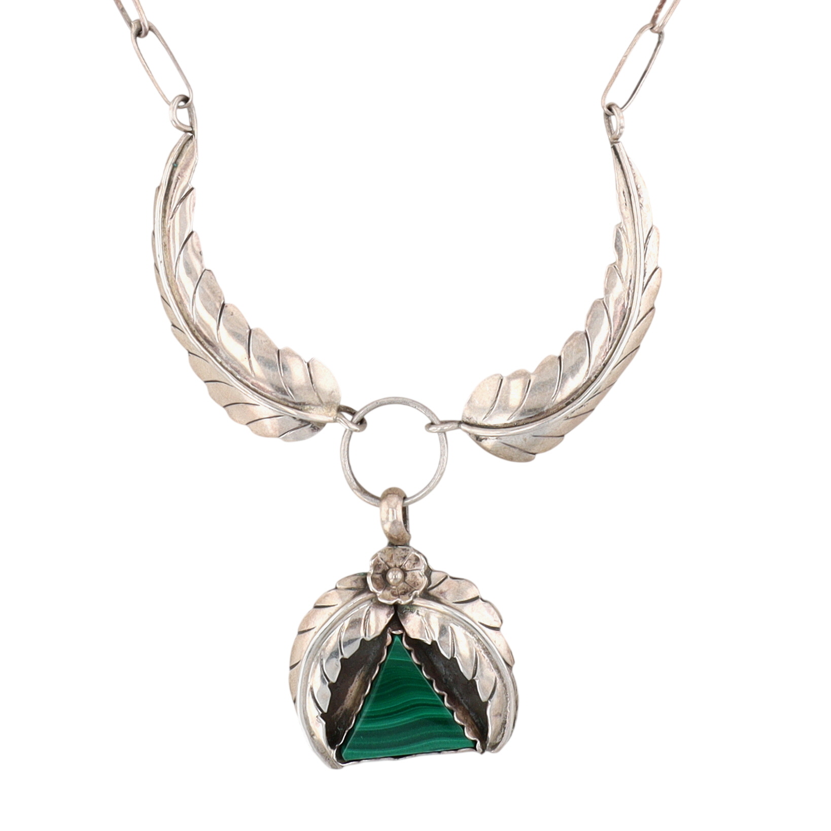 Russell Toledo Navajo Sterling Malachite Feather Necklace