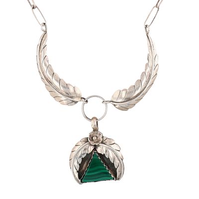 Russell Toledo Navajo Sterling Malachite Feather Necklace | Weight: 19.6g | Approximate Length: 