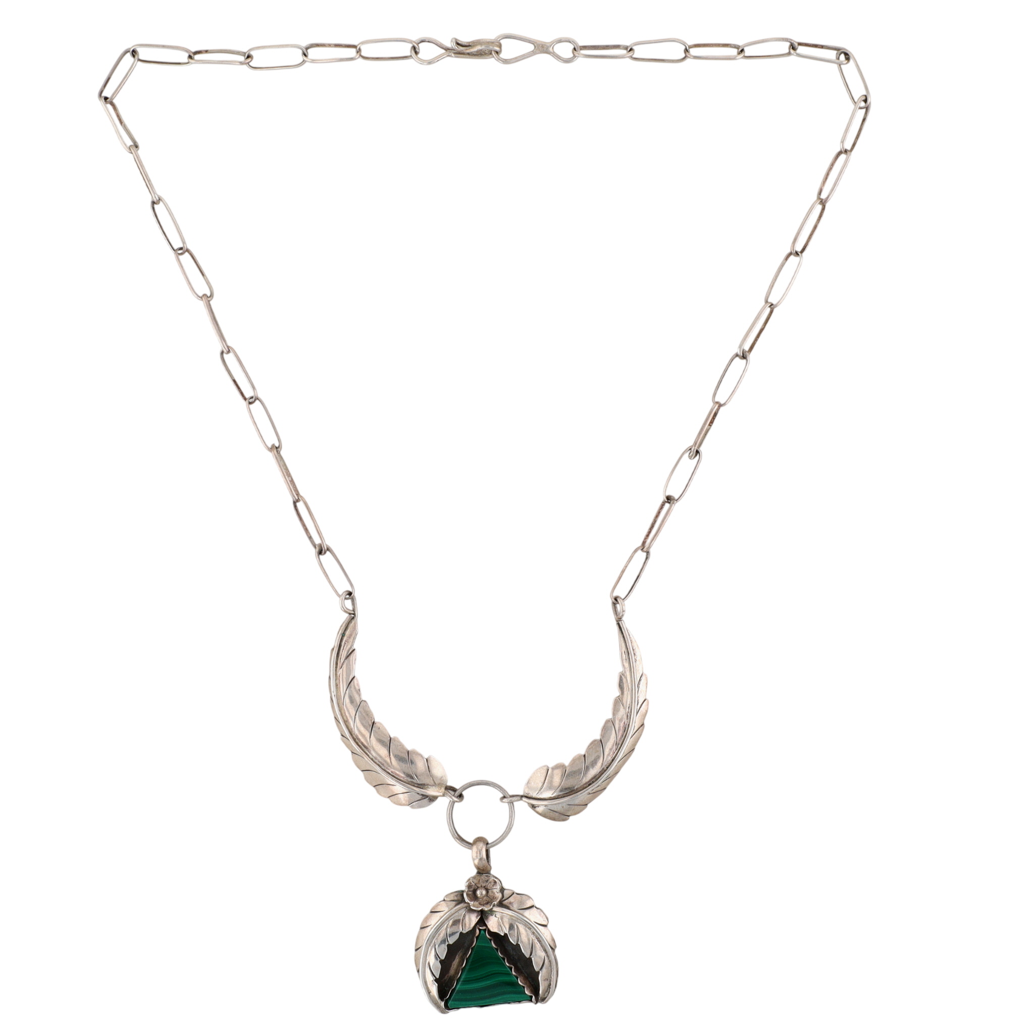 Russell Toledo Navajo Sterling Malachite Feather Necklace