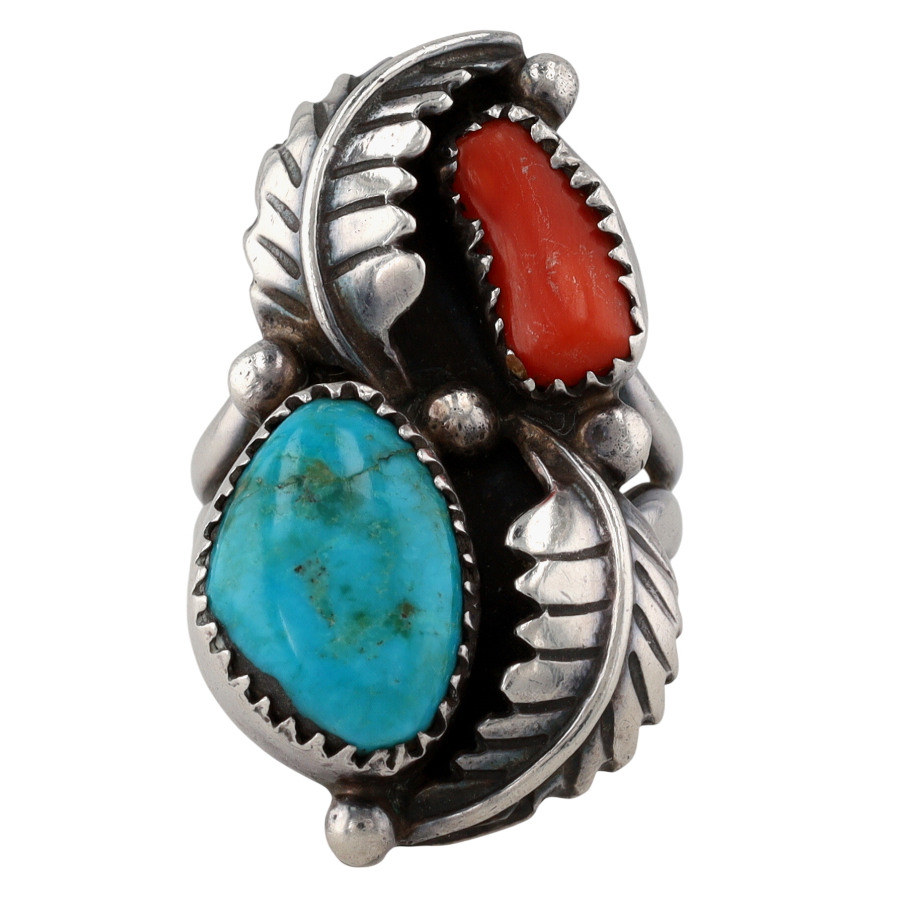 Vintage Navajo Sterling Turquoise Coral Ring Sz 6