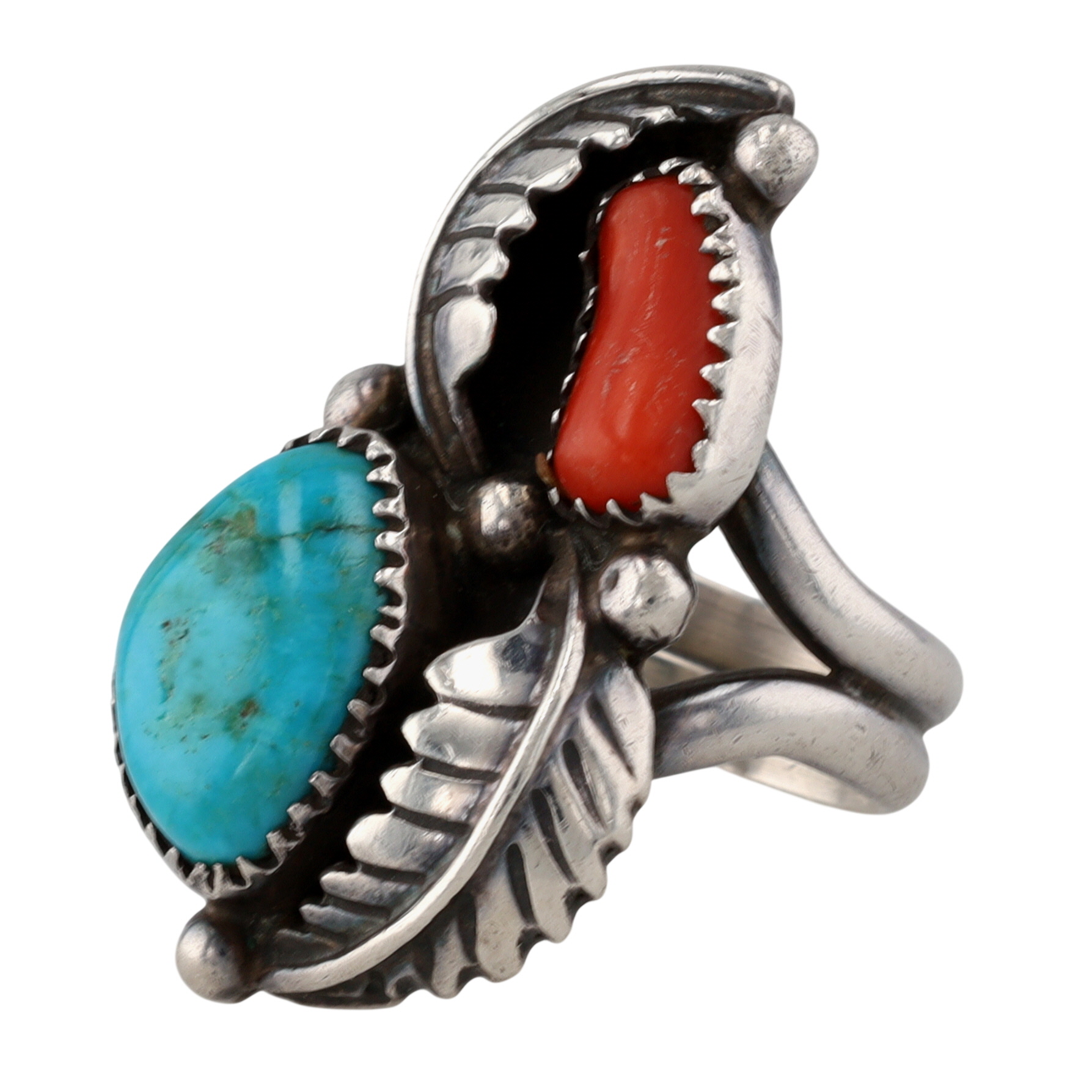 Vintage Navajo Sterling Turquoise Coral Ring Sz 6