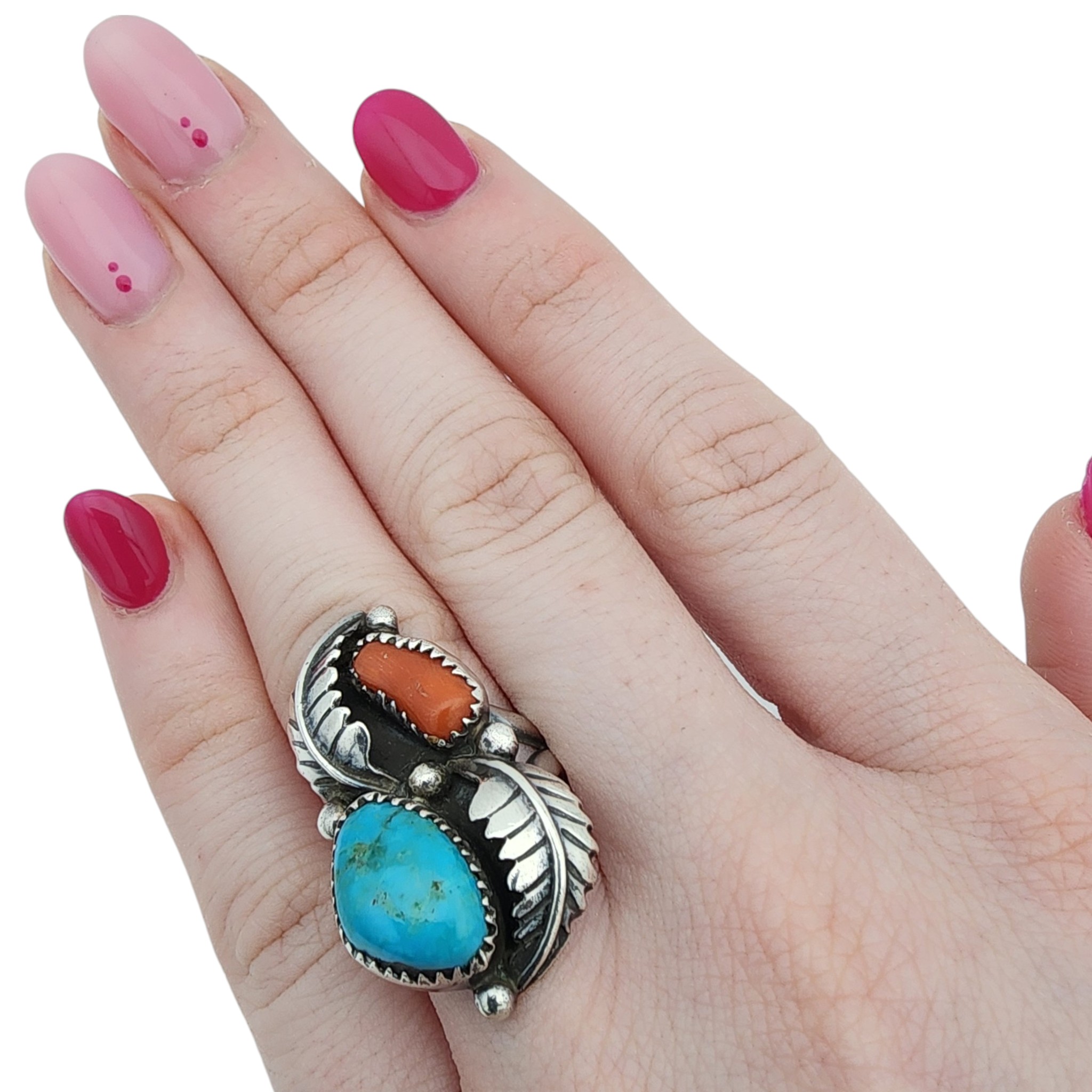 Vintage Navajo Sterling Turquoise Coral Ring Sz 6