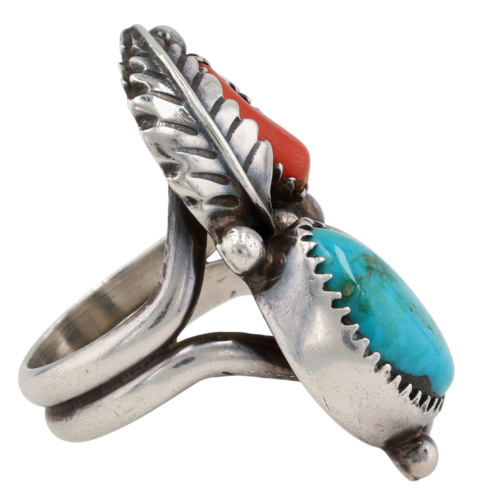 Vintage Navajo Sterling Turquoise Coral Ring Sz 6