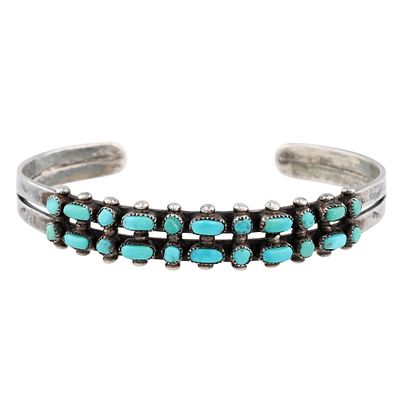 Vintage Zuni Sterling Double Row Turquoise Cuff Bracelet. Vintage Zuni Sterling Stamped Double 
