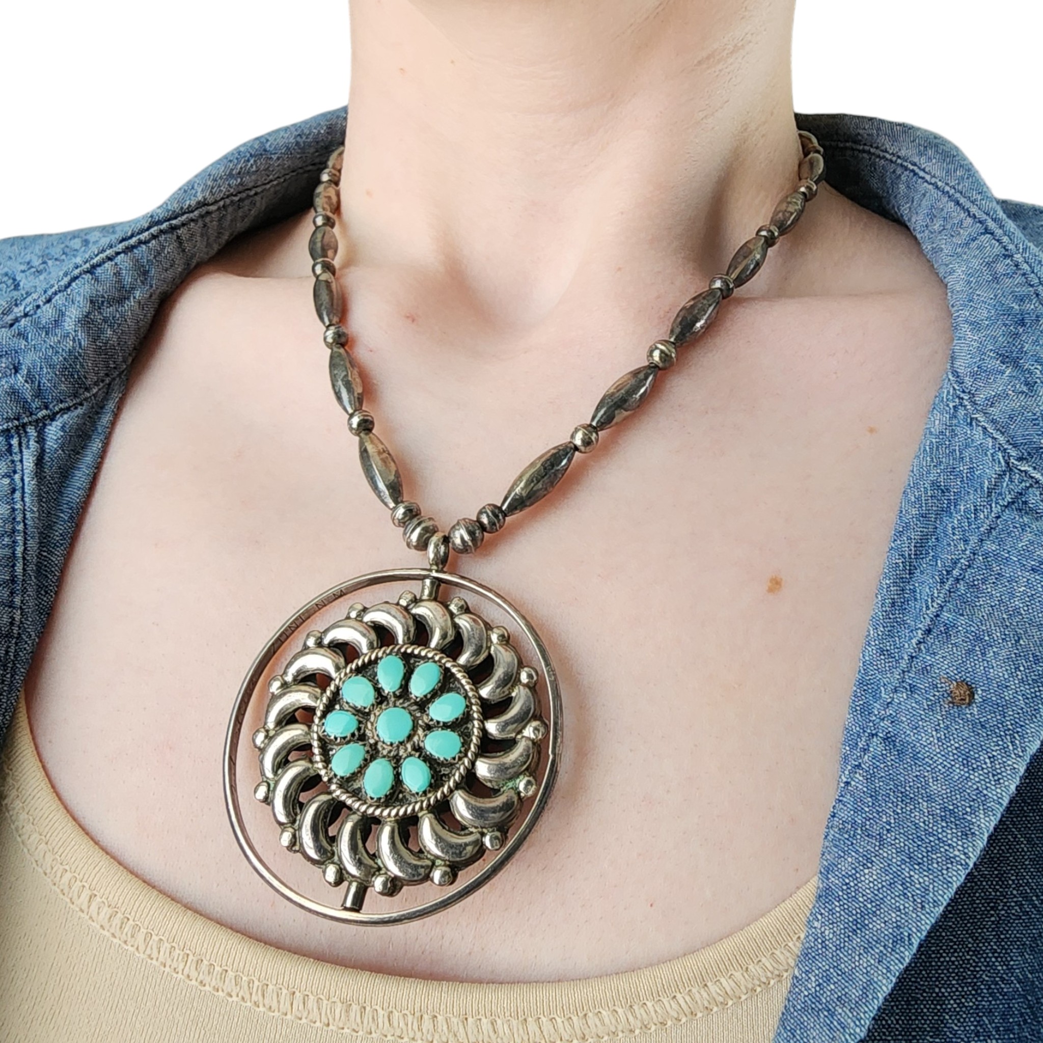 Vintage Fred & Elsie Lonconsello Zuni Sterling Reversible Turquoise Coral Spinner Necklace