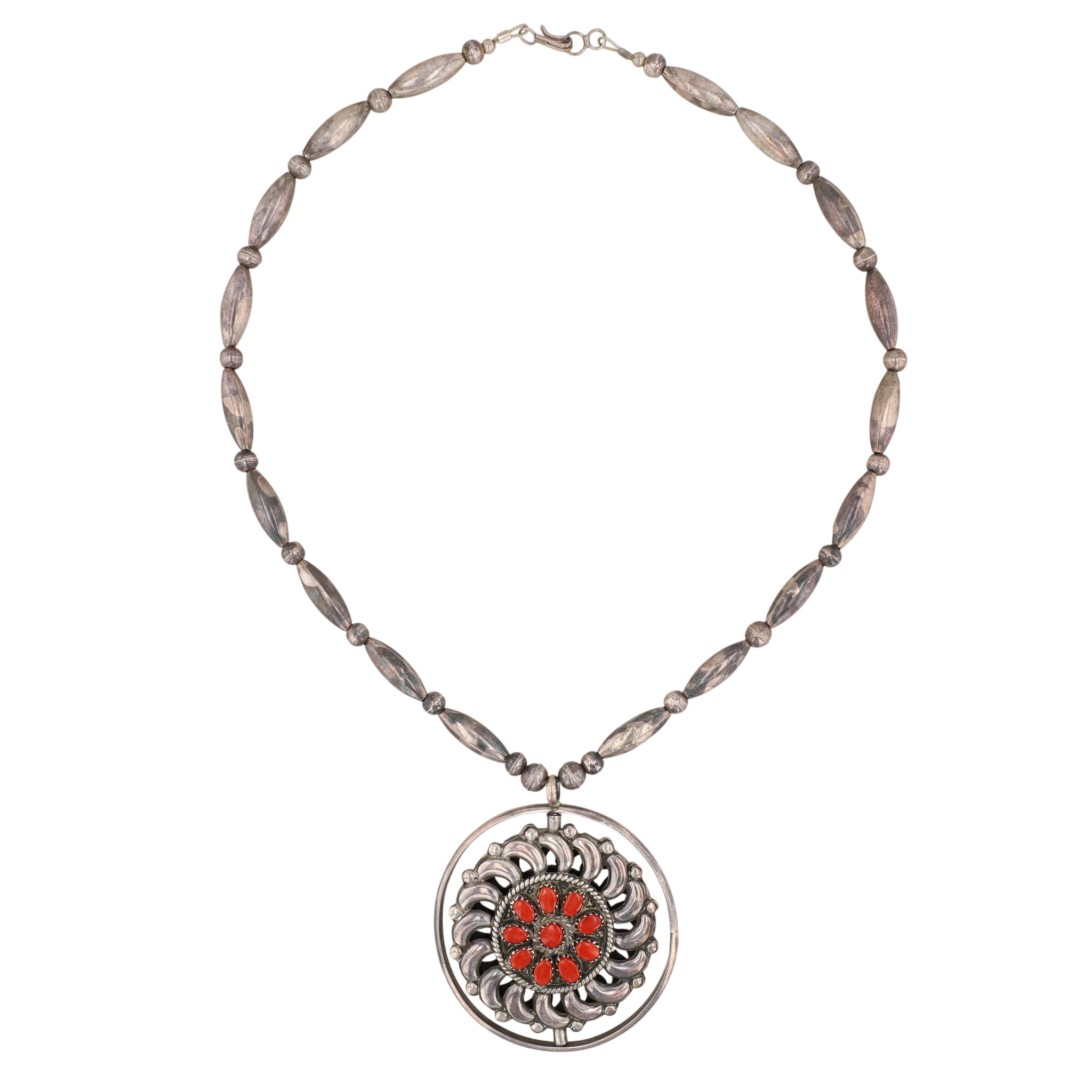 Vintage Fred & Elsie Lonconsello Zuni Sterling Reversible Turquoise Coral Spinner Necklace