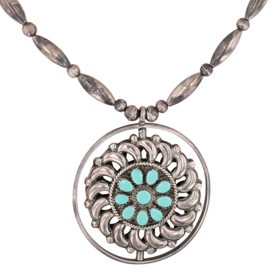 Vintage Fred & Elsie Lonconsello Zuni Sterling Reversible Turquoise Coral Spinner Necklace