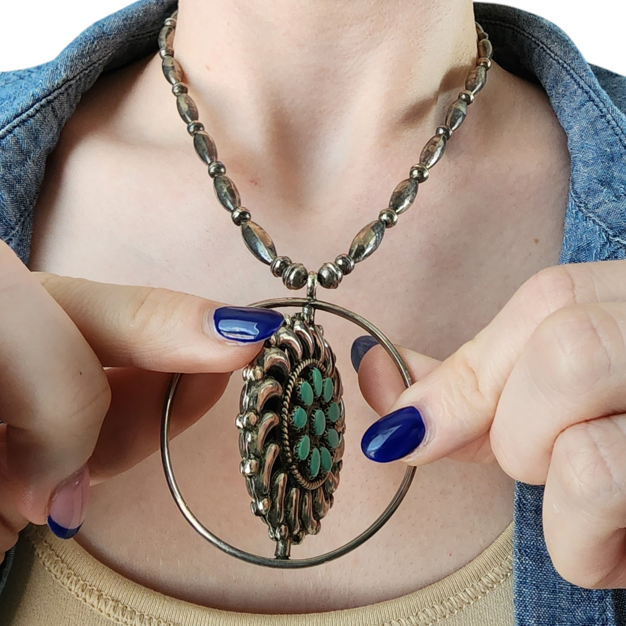 Vintage Fred & Elsie Lonconsello Zuni Sterling Reversible Turquoise Coral Spinner Necklace