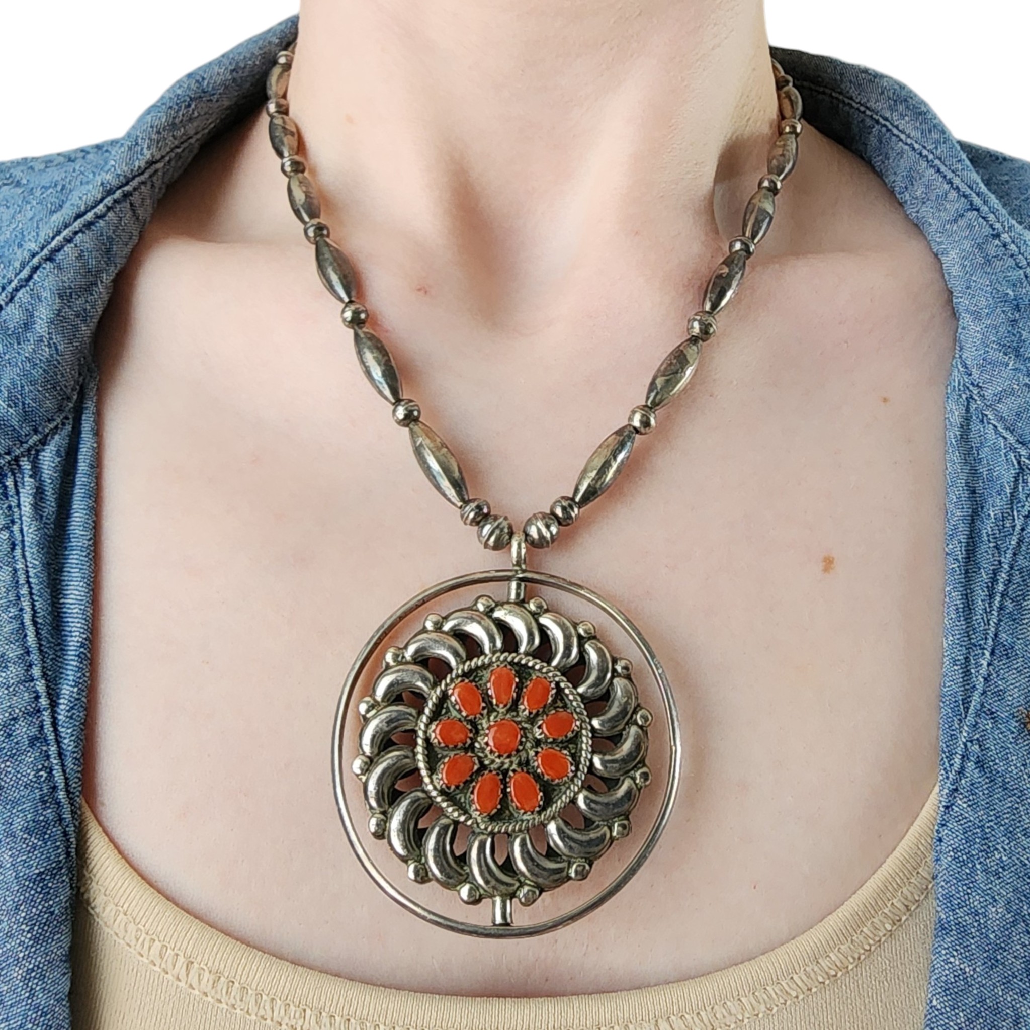 Vintage Fred & Elsie Lonconsello Zuni Sterling Reversible Turquoise Coral Spinner Necklace