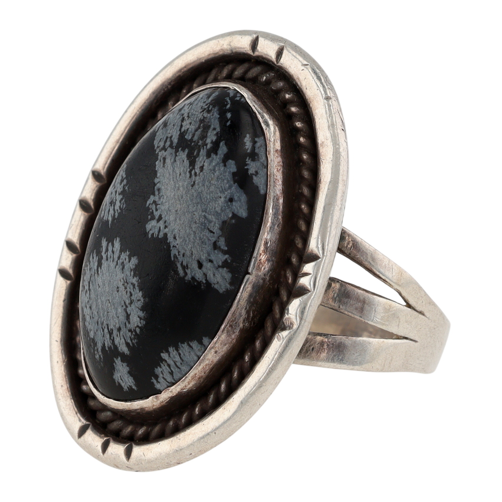Vintage Navajo Sterling Snowflake Obsidian Ring Sz 10