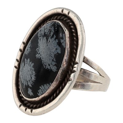 Vintage Navajo Sterling Snowflake Obsidian Ring Sz 10 | Weight: 11.2g