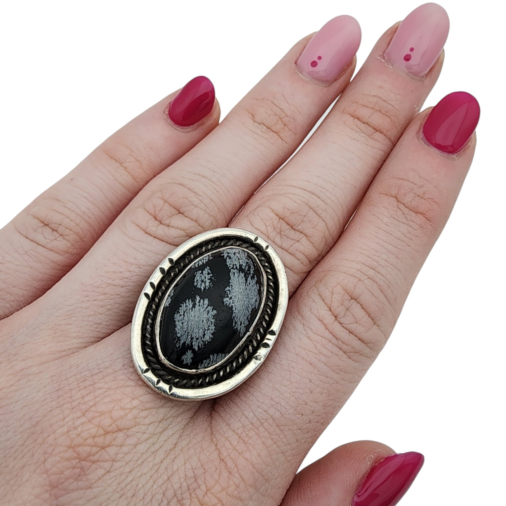 Vintage Navajo Sterling Snowflake Obsidian Ring Sz 10