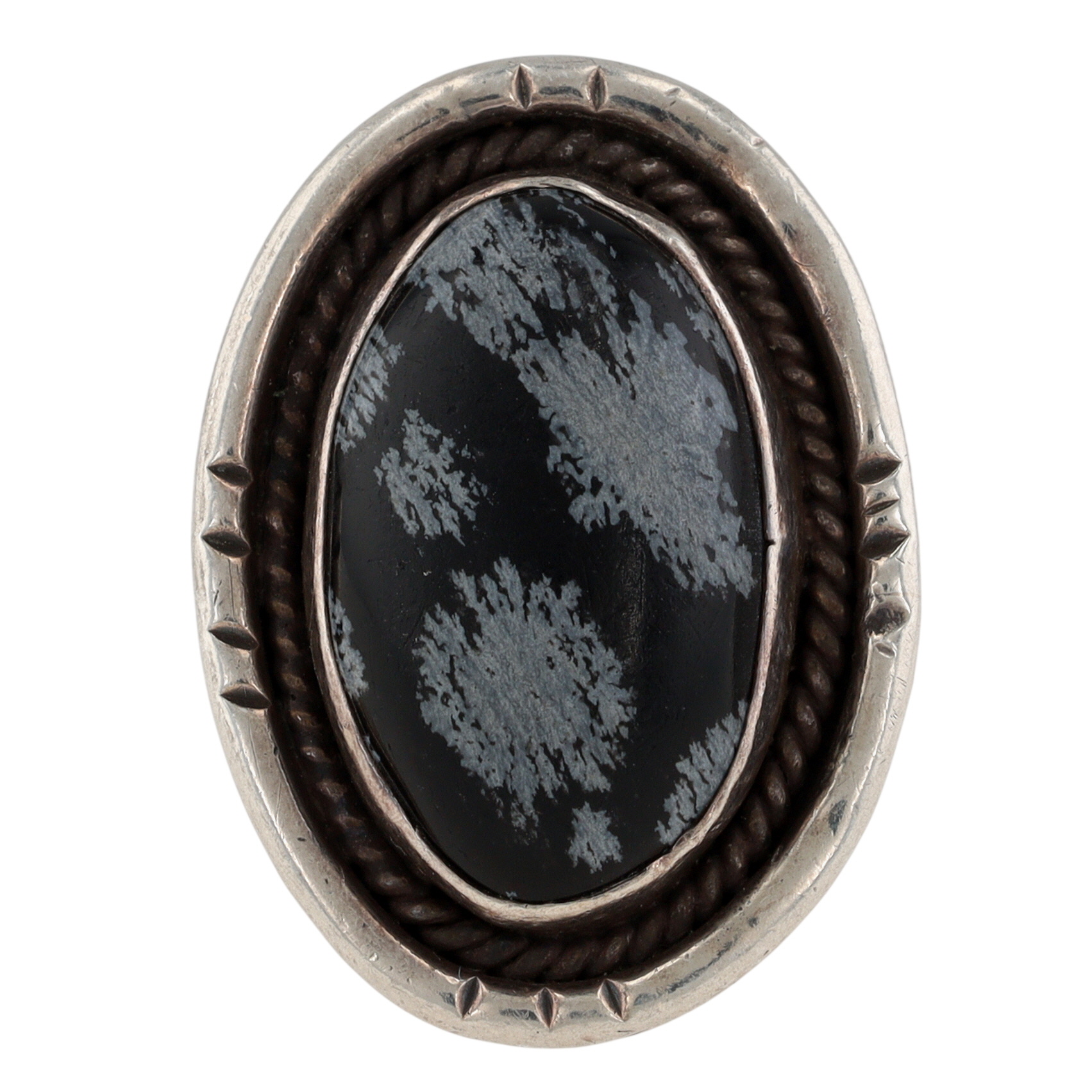 Vintage Navajo Sterling Snowflake Obsidian Ring Sz 10