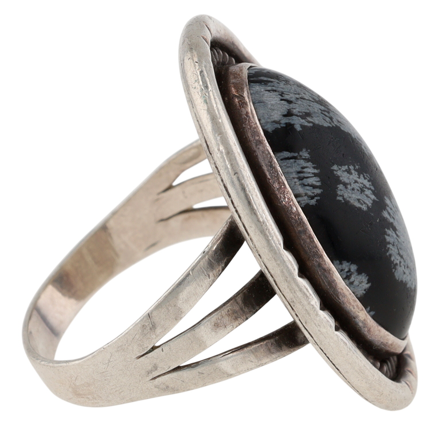 Vintage Navajo Sterling Snowflake Obsidian Ring Sz 10