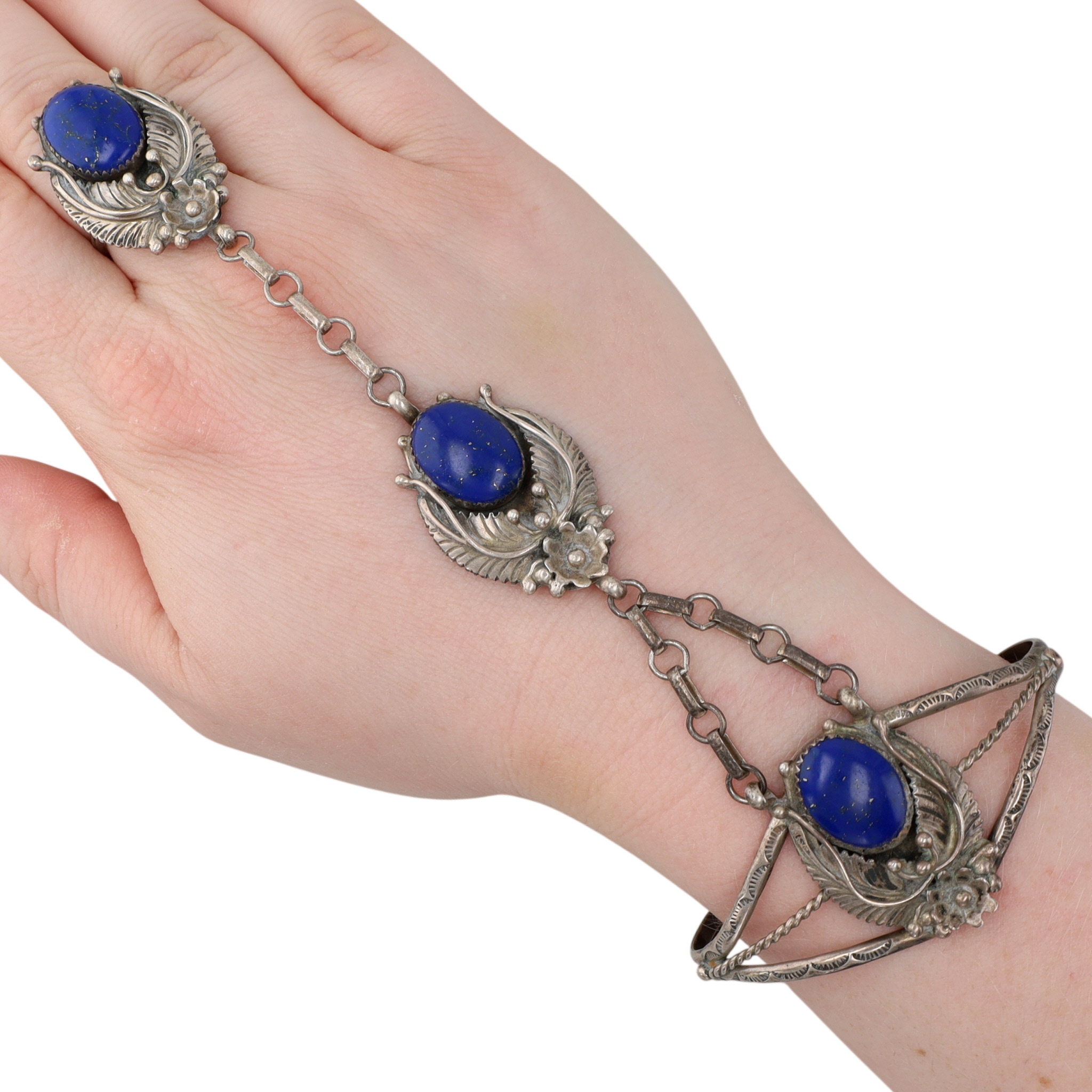 Signed Navajo Sterling Lapis Lazuli Slave Cuff Bracelet and Ring Sz 7.5