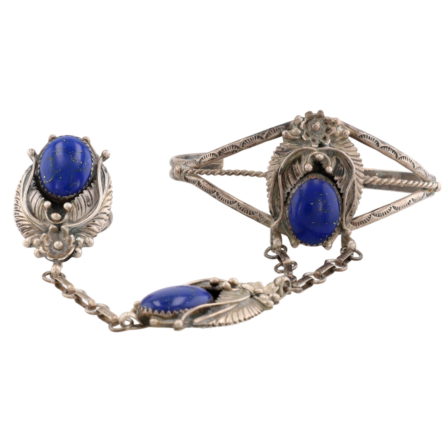 Signed Navajo Sterling Lapis Lazuli Slave Cuff Bracelet and Ring Sz 7.5