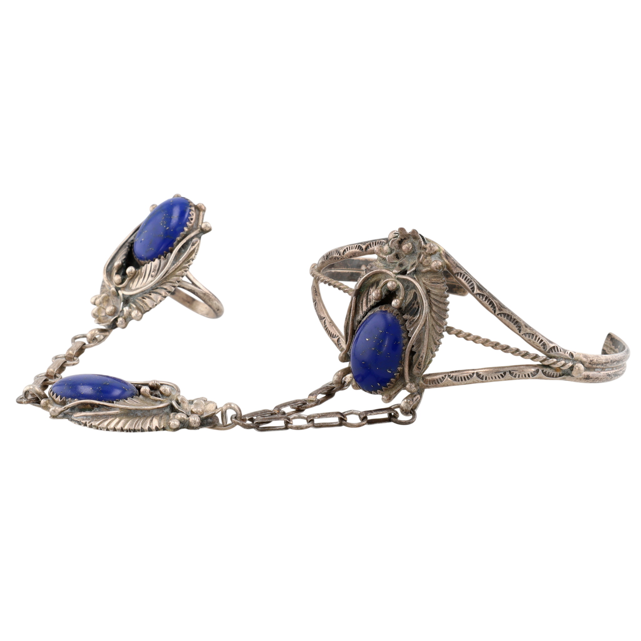 Signed Navajo Sterling Lapis Lazuli Slave Cuff Bracelet and Ring Sz 7.5