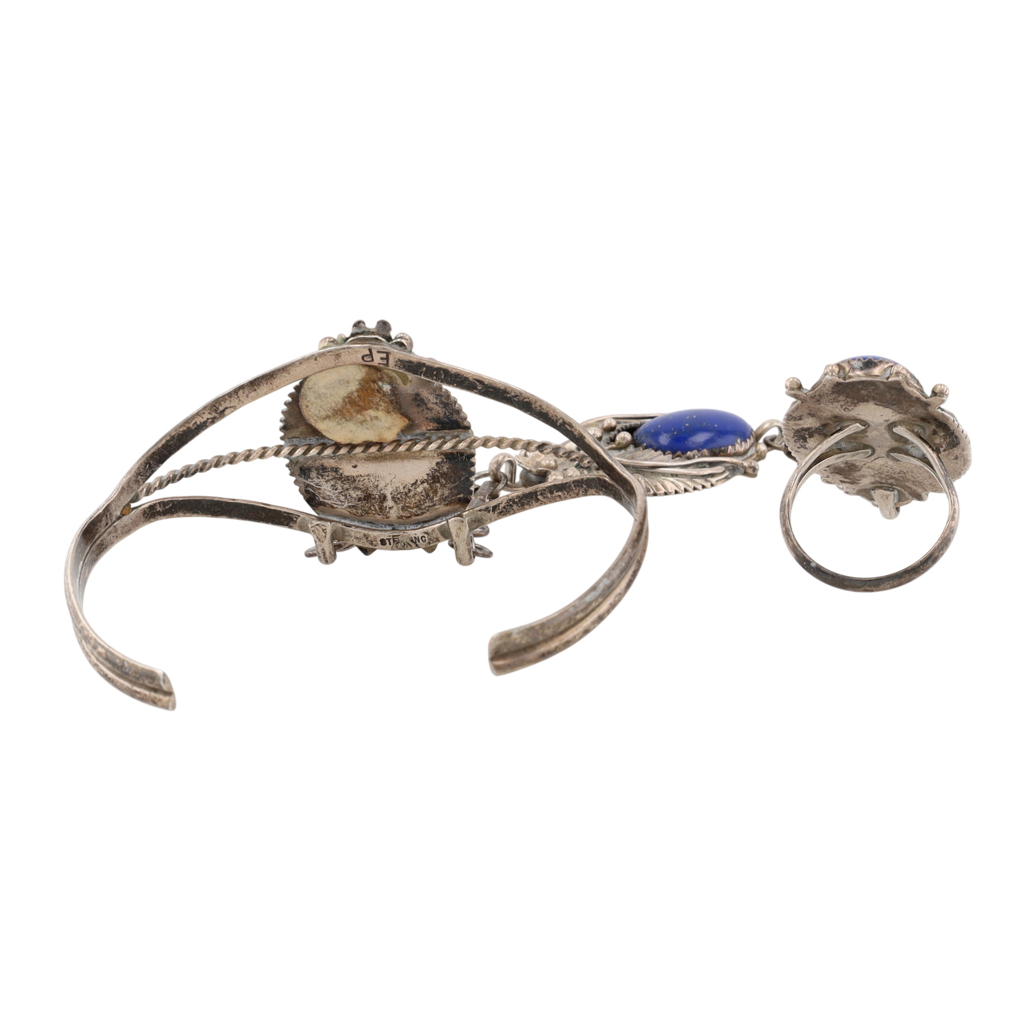 Signed Navajo Sterling Lapis Lazuli Slave Cuff Bracelet and Ring Sz 7.5