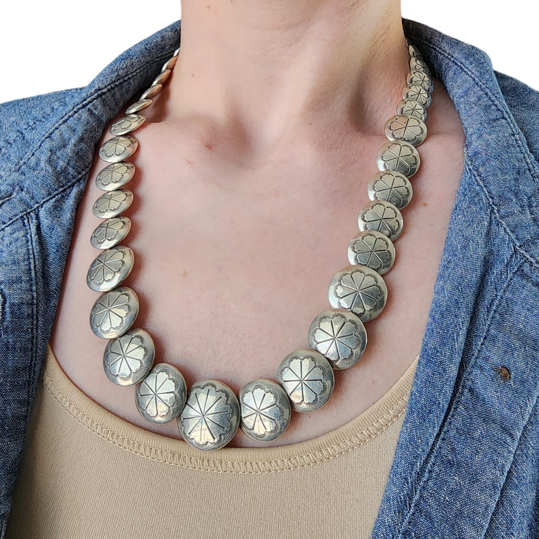 Navajo Sterling Stamped Pillow Bead Necklace