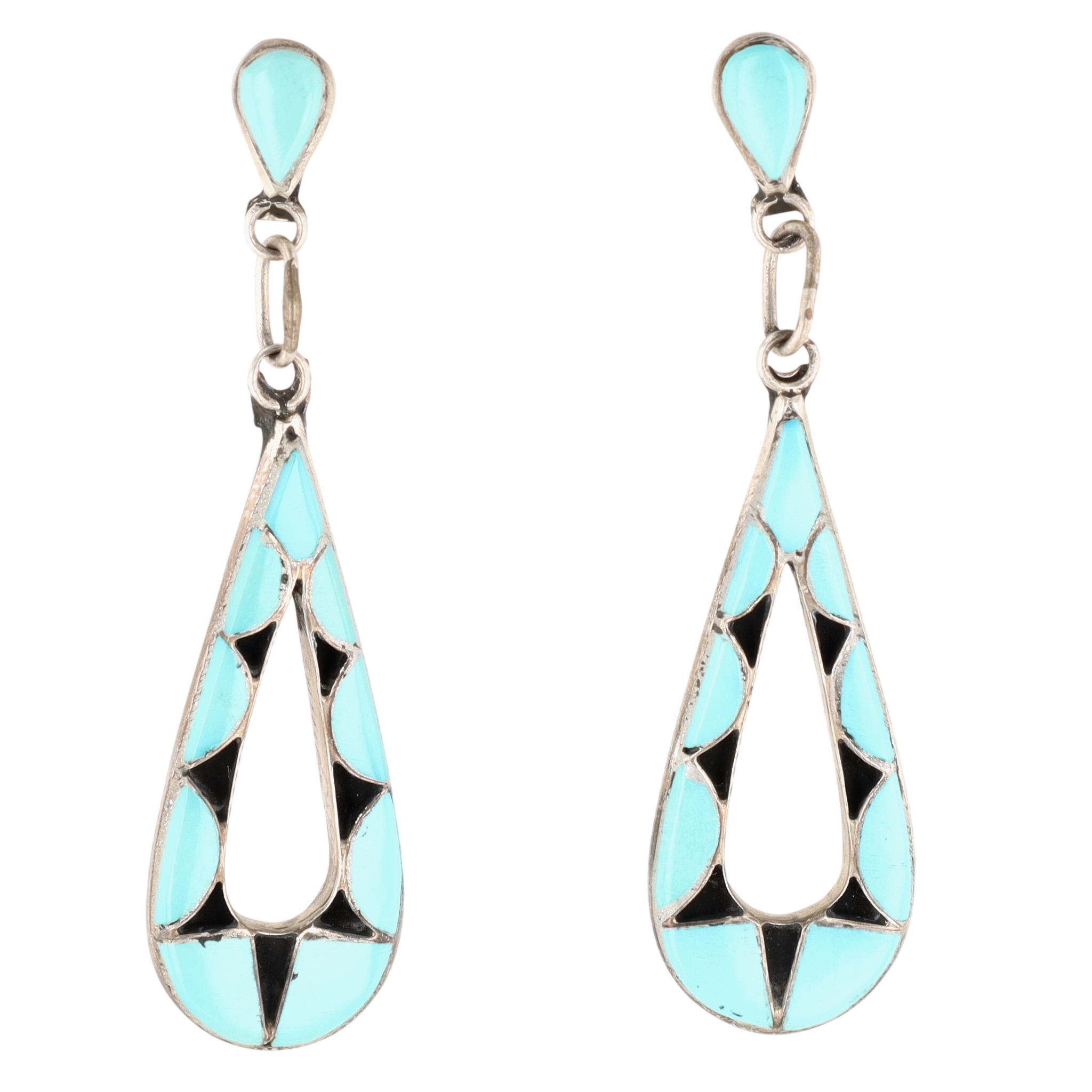 Signed Navajo Sterling Turquoise Inlay Dangle Earrings