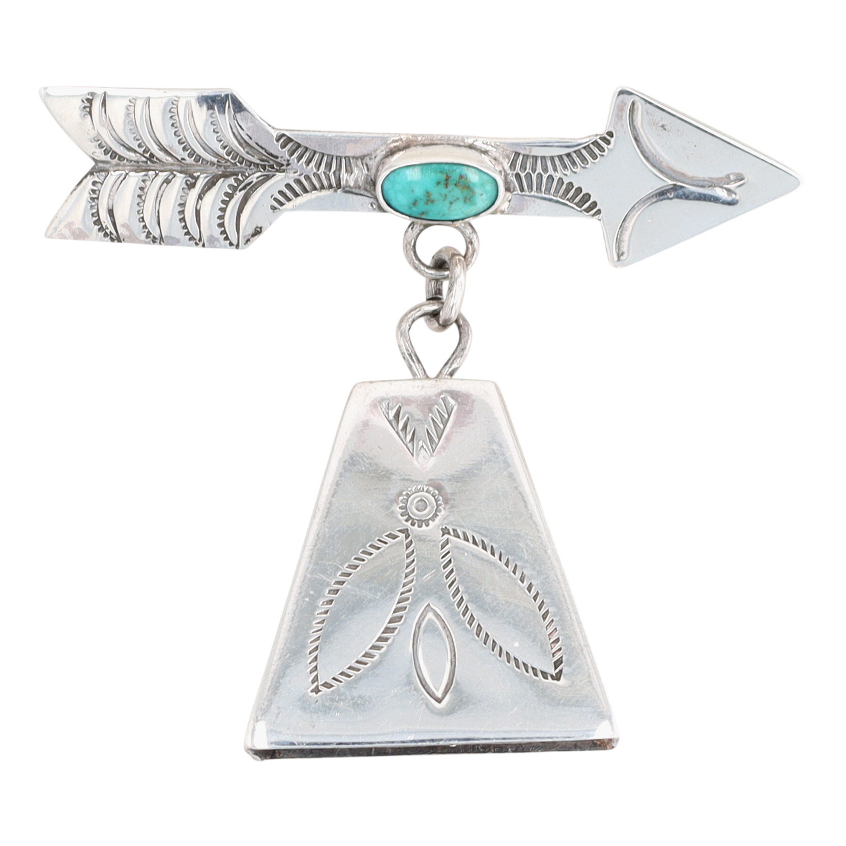 Fred Harvey Era Navajo Sterling Turquoise Arrow Bell Brooch