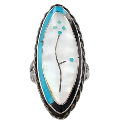 Vintage Zuni Sterling Multi-Stone Inlay Flower Ring Sz 7.5 | Weight: 8.2g | Mother of Pearl 