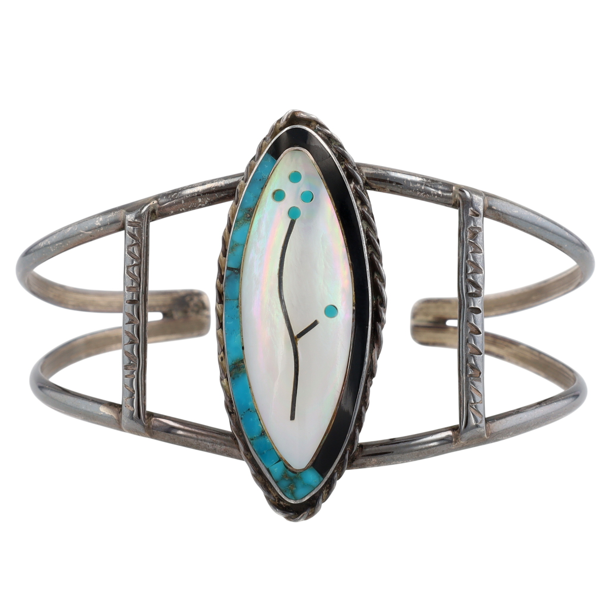 Vintage Zuni Sterling Multi-Stone Inlay Flower Cuff Bracelet