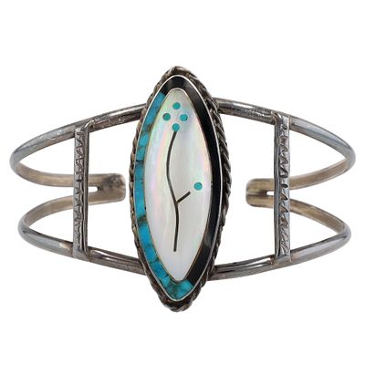 Vintage Zuni Sterling Multi-Stone Inlay Flower Cuff Bracelet | Weight: 15.4g | Approximate 