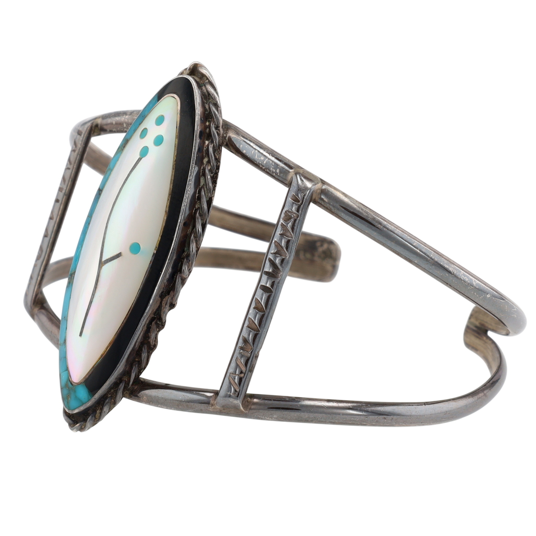 Vintage Zuni Sterling Multi-Stone Inlay Flower Cuff Bracelet