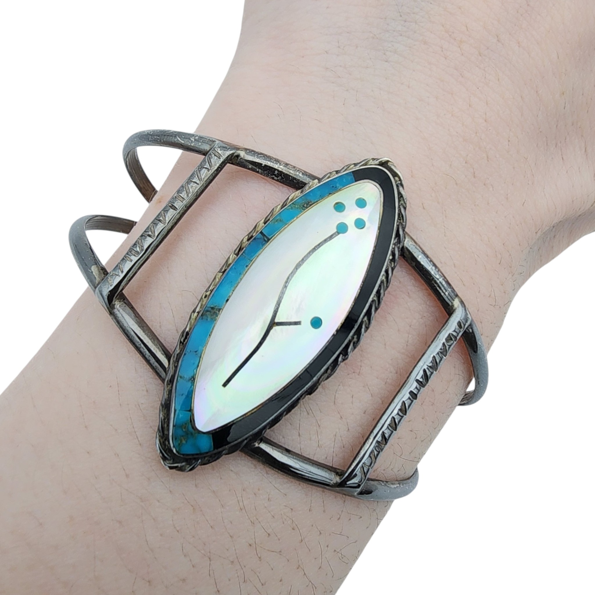 Vintage Zuni Sterling Multi-Stone Inlay Flower Cuff Bracelet