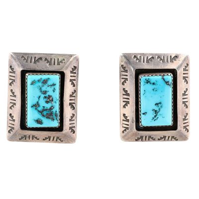 Navajo Sterling Turquoise Shadow Box Earrings. Big! Navajo Sterling Turquoise Stamped Shadow Box 