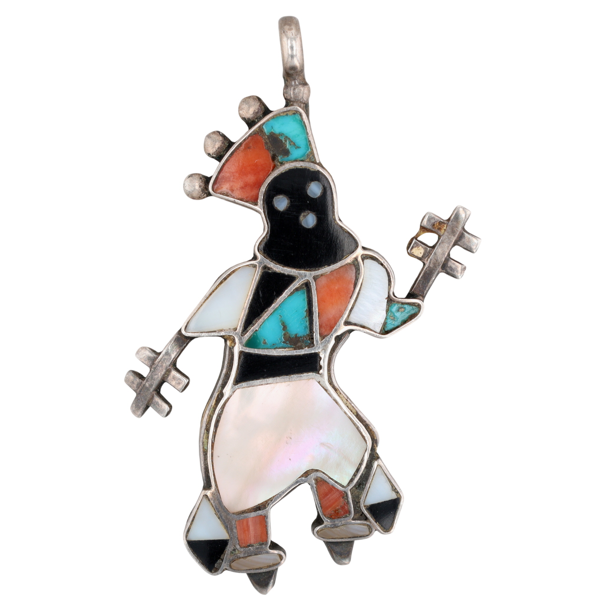 Vintage Zuni Sterling Multi-Stone Inlay Apache Crown Dancer Pendant
