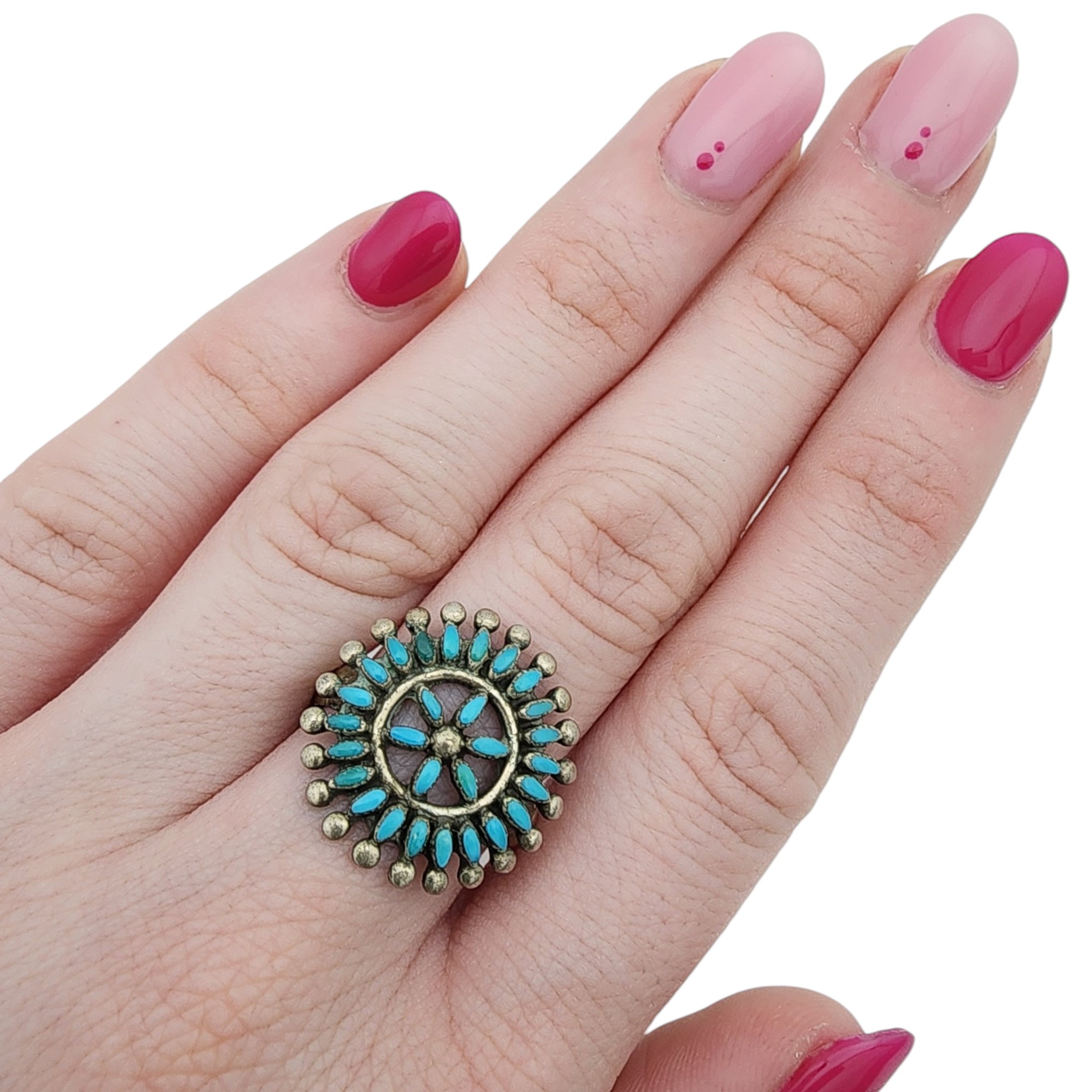 Lydia Bowekaty Zuni Sterling Turquoise Needlepoint Ring Sz 9