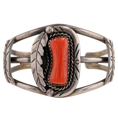 Vintage Navajo Sterling Coral Cuff Bracelet. Vintage Navajo Sterling Stamped Coral Cuff Bracelet 