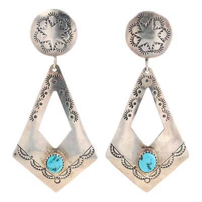 Juan Guerro Navajo Sterling Stamped Turquoise Earrings. Large! Juan Guerro Navajo Sterling 