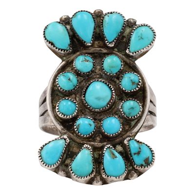 Vintage Zuni Sterling Turquoise Cluster Ring Sz 7.5. Vintage Zuni (or Navajo) Sterling Turquoise 