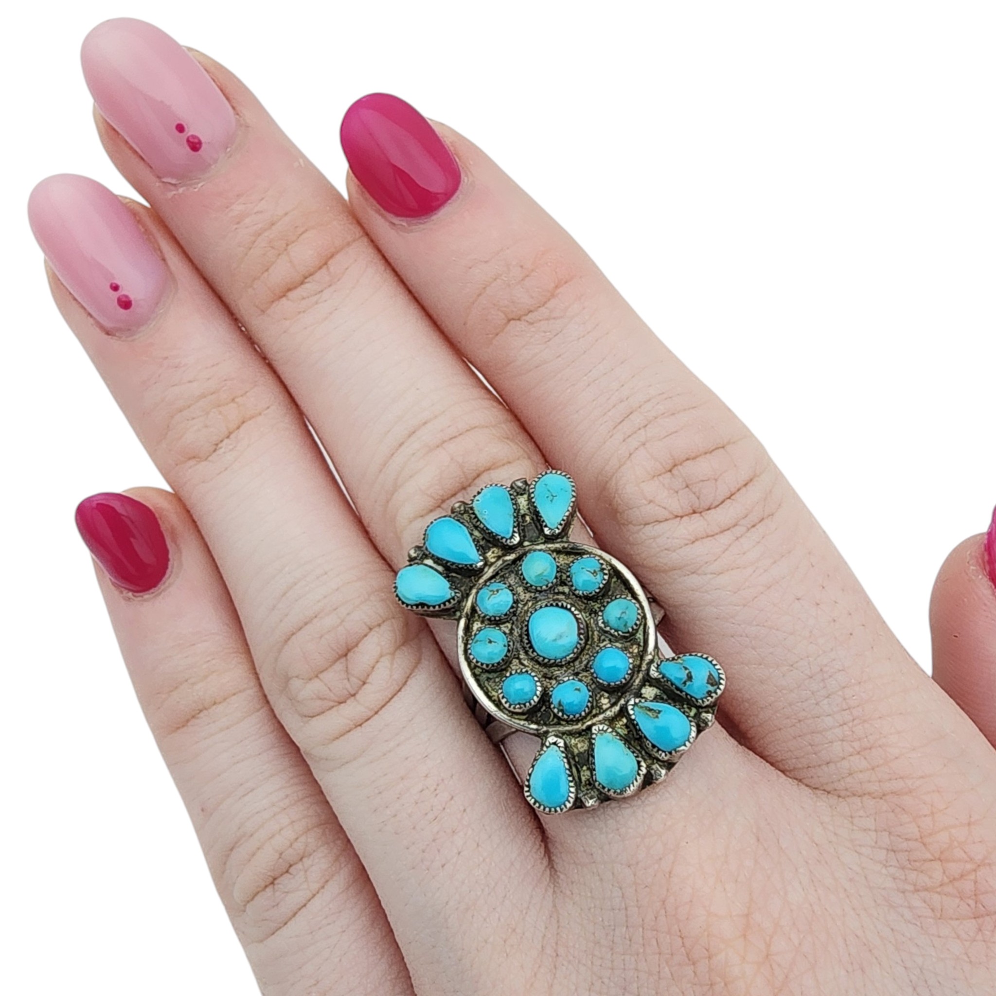 Vintage Zuni Sterling Turquoise Cluster Ring Sz 7.5