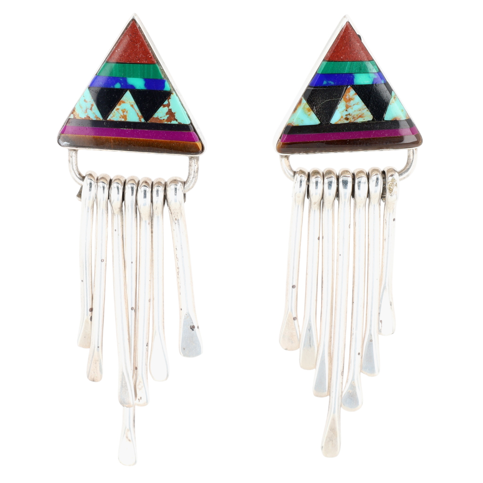 Signed Navajo Sterling Multi-Stone Inlay Fringe Earrings