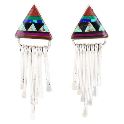 Signed Navajo Sterling Multi-Stone Inlay Fringe Earrings. Signed F Navajo Sterling Multi-Stone 
