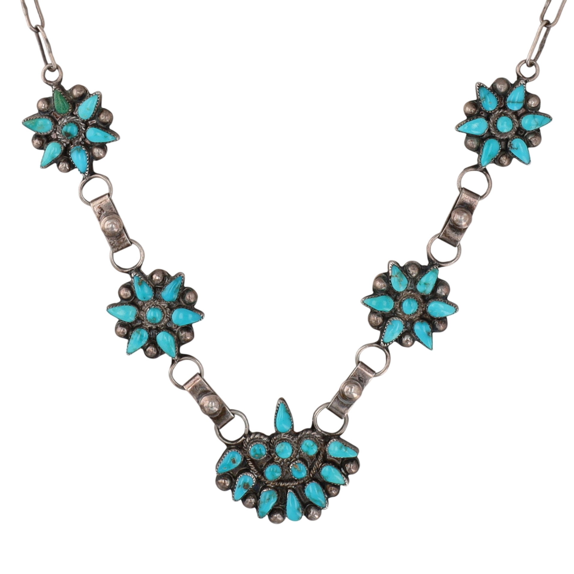 Vintage Zuni Sterling Turquoise Cluster Necklace